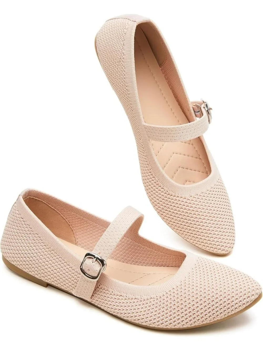 Women's Nude Knit Mesh Ballet Flat Foldable With Buckle Strap Comfortable Shoes
